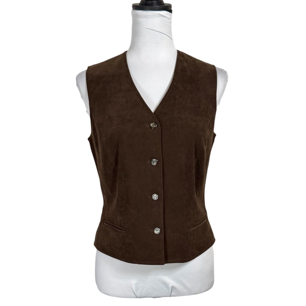 Vintage Talbots Brown Faux Suede Vest Petite Fits Sz Small Tailored Equestrian‎
